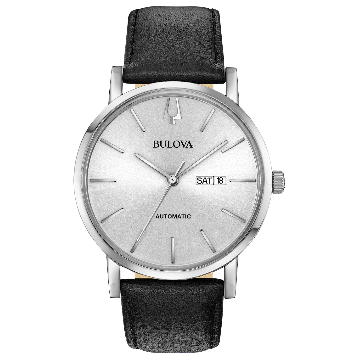  Bulova Classic Automatic 96C130 front view showcasing the stainless steel case, silver-white dial with silver-tone hands, and day/date display at 3 o'clock.