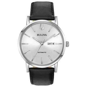  Bulova Classic Automatic 96C130 front view showcasing the stainless steel case, silver-white dial with silver-tone hands, and day/date display at 3 o'clock.