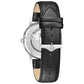 Back view of the Bulova Classic 96C130 displaying the open case back revealing the automatic movement and black leather strap with three-piece buckle closure.