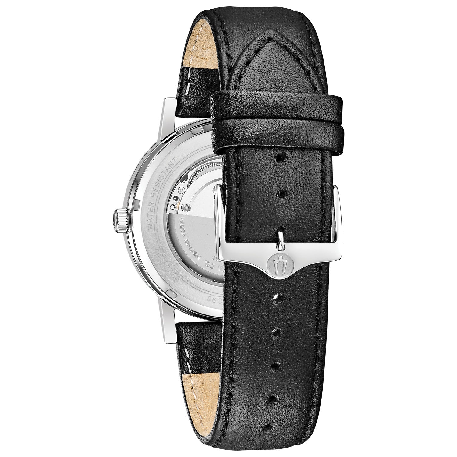 Back view of the Bulova Classic 96C130 displaying the open case back revealing the automatic movement and black leather strap with three-piece buckle closure.