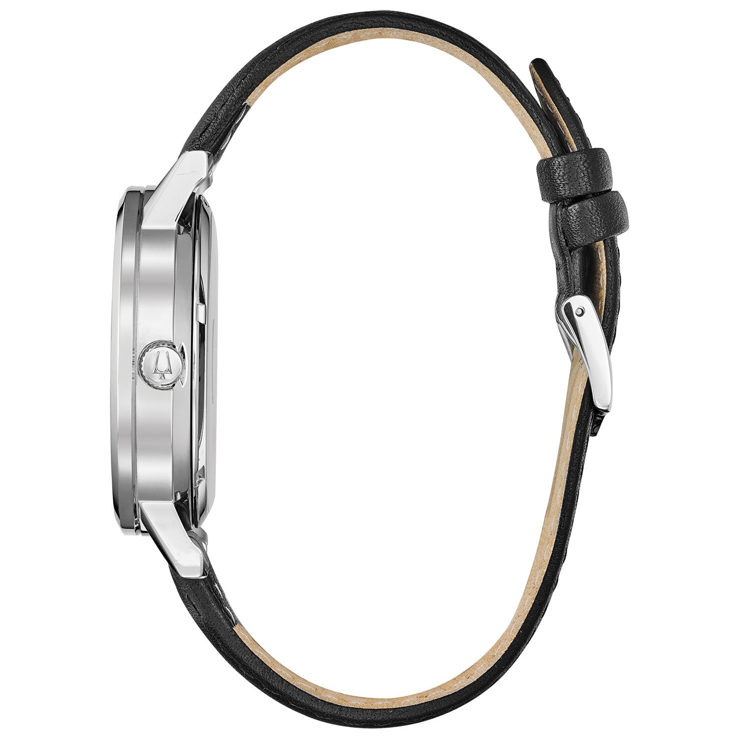Side profile of the Bulova 96C130 highlighting the flat mineral glass and sleek stainless steel case design.