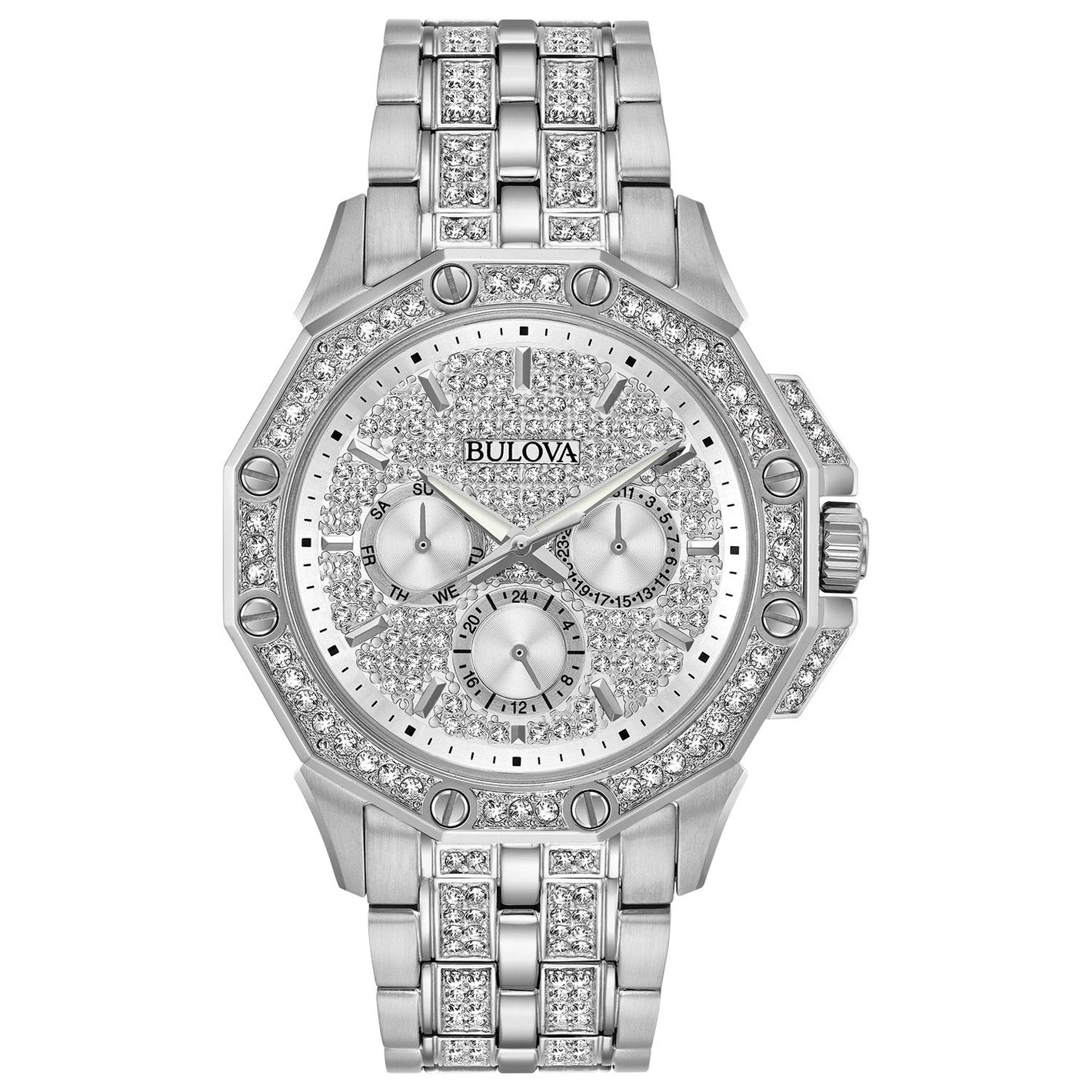 Bulova Octava Crystal 96C134 men's chronograph featuring a silver-white pave dial, luminous hands, and a stainless steel bracelet adorned with Swarovski crystals.