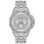 Bulova Octava Crystal 96C134 men's chronograph featuring a silver-white pave dial, luminous hands, and a stainless steel bracelet adorned with Swarovski crystals.