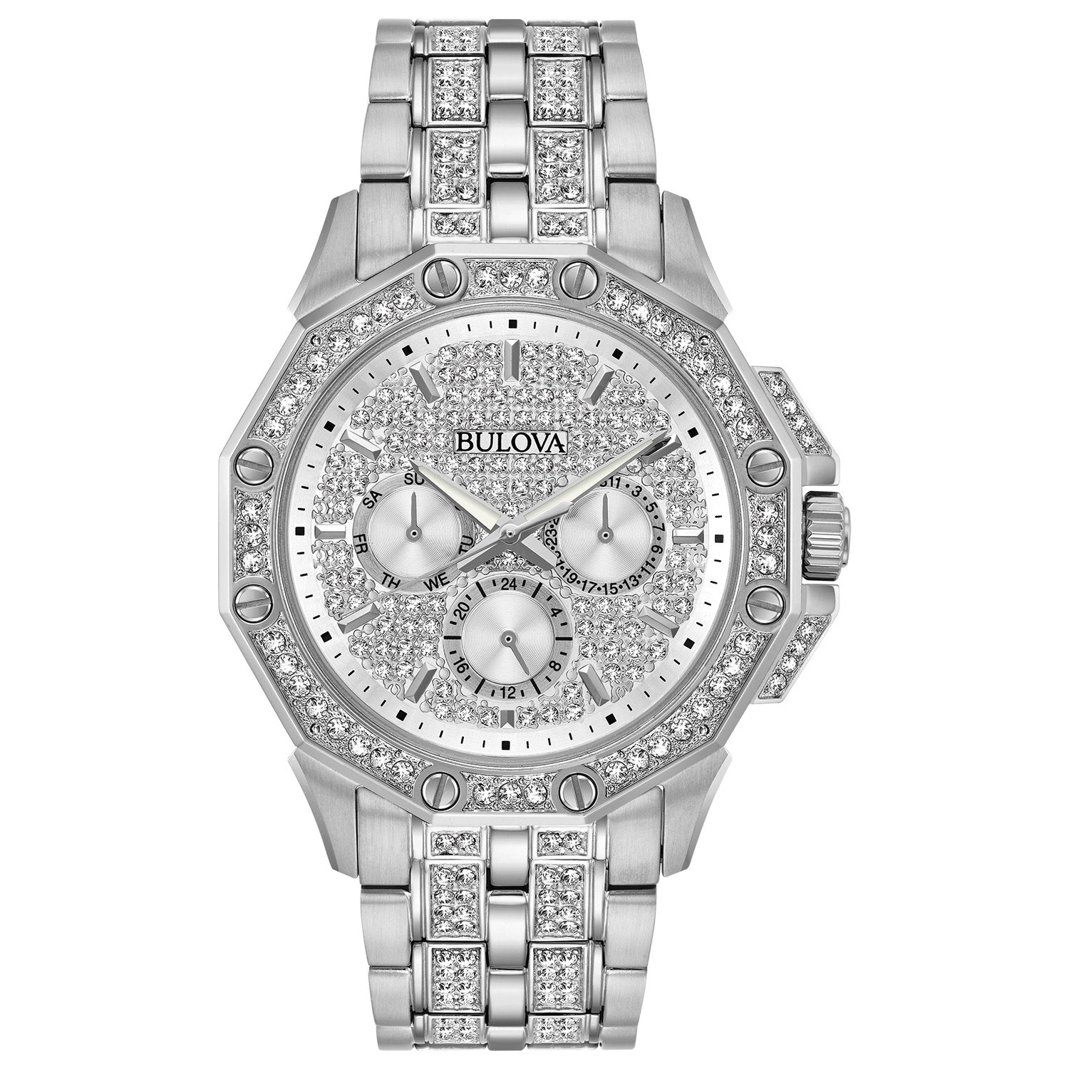 Bulova Octava Crystal 96C134 men's chronograph featuring a silver-white pave dial, luminous hands, and a stainless steel bracelet adorned with Swarovski crystals.