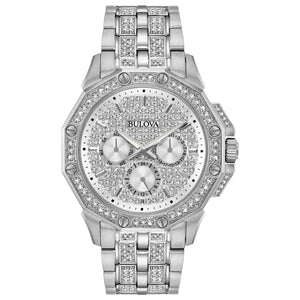 Bulova Octava Crystal 96C134 men's chronograph featuring a silver-white pave dial, luminous hands, and a stainless steel bracelet adorned with Swarovski crystals.