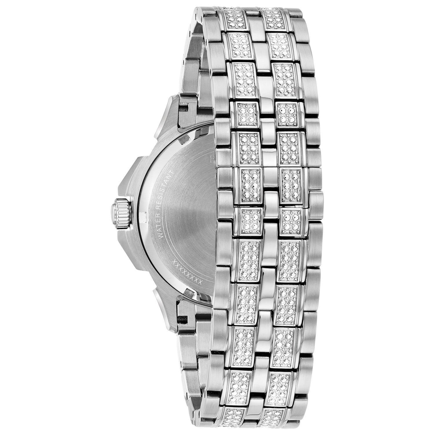 Back view of the Bulova Octava Crystal 96C134, showcasing the solid stainless steel case back with engraved Bulova branding and watch specifications.
