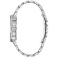 Side profile of the Bulova 96C134, highlighting the polished stainless steel case, crystal-accented bezel, and the intricate design of the bracelet links.