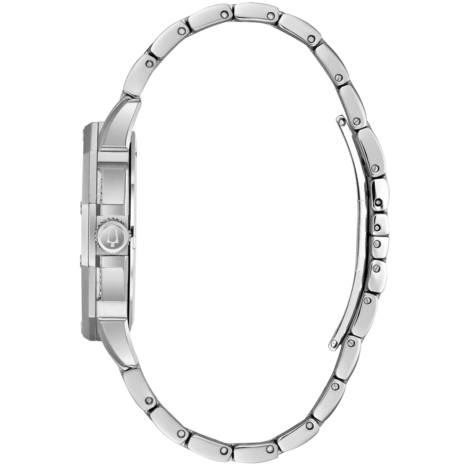 Side profile of the Bulova 96C134, highlighting the polished stainless steel case, crystal-accented bezel, and the intricate design of the bracelet links.