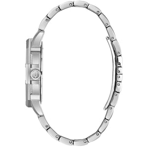 Side profile of the Bulova 96C134, highlighting the polished stainless steel case, crystal-accented bezel, and the intricate design of the bracelet links.
