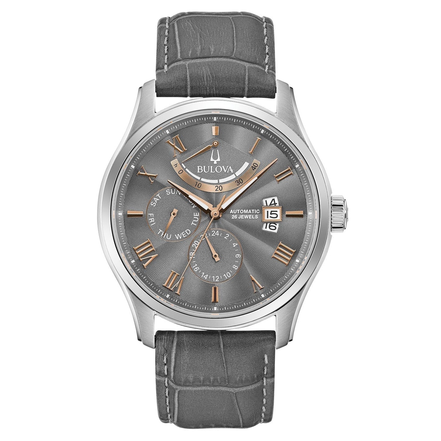 Bulova Wilton Automatic 96C143 front view showcasing the 43mm stainless steel case, grey sunray dial with rose gold-tone Roman numerals, and open heartbeat design at 12 o'clock.