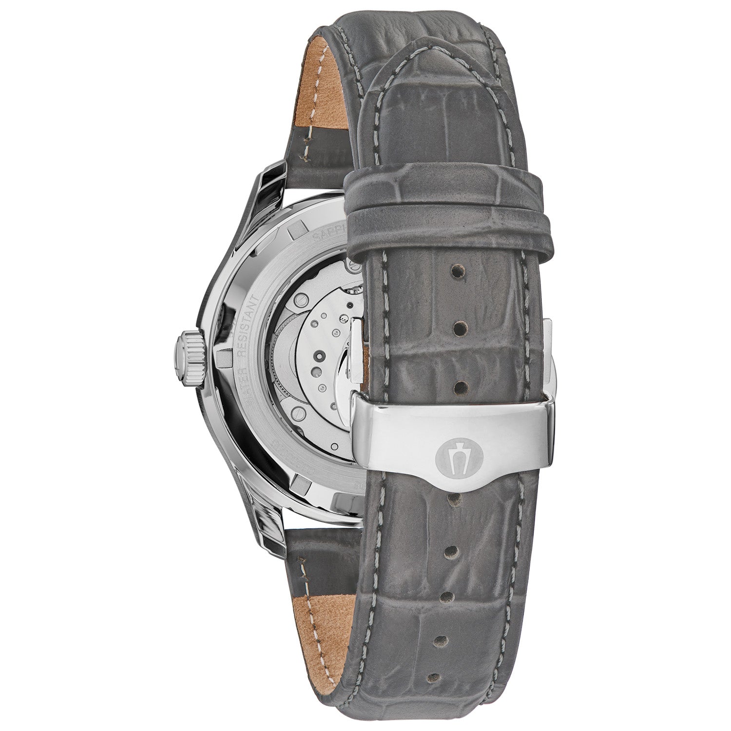 Back view of the Bulova Wilton 96C143 displaying the exhibition case back revealing the 26-jewel automatic movement and grey leather strap with alligator grain texture.