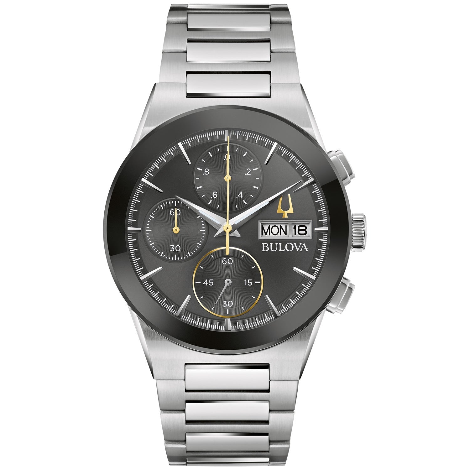 Bulova 96C149 men's watch featuring a 41mm silver-tone stainless steel case, black dial with gold-tone accents, and a stainless steel bracelet—front view.