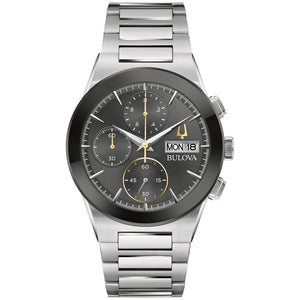 Bulova 96C149 men's watch featuring a 41mm silver-tone stainless steel case, black dial with gold-tone accents, and a stainless steel bracelet—front view.
