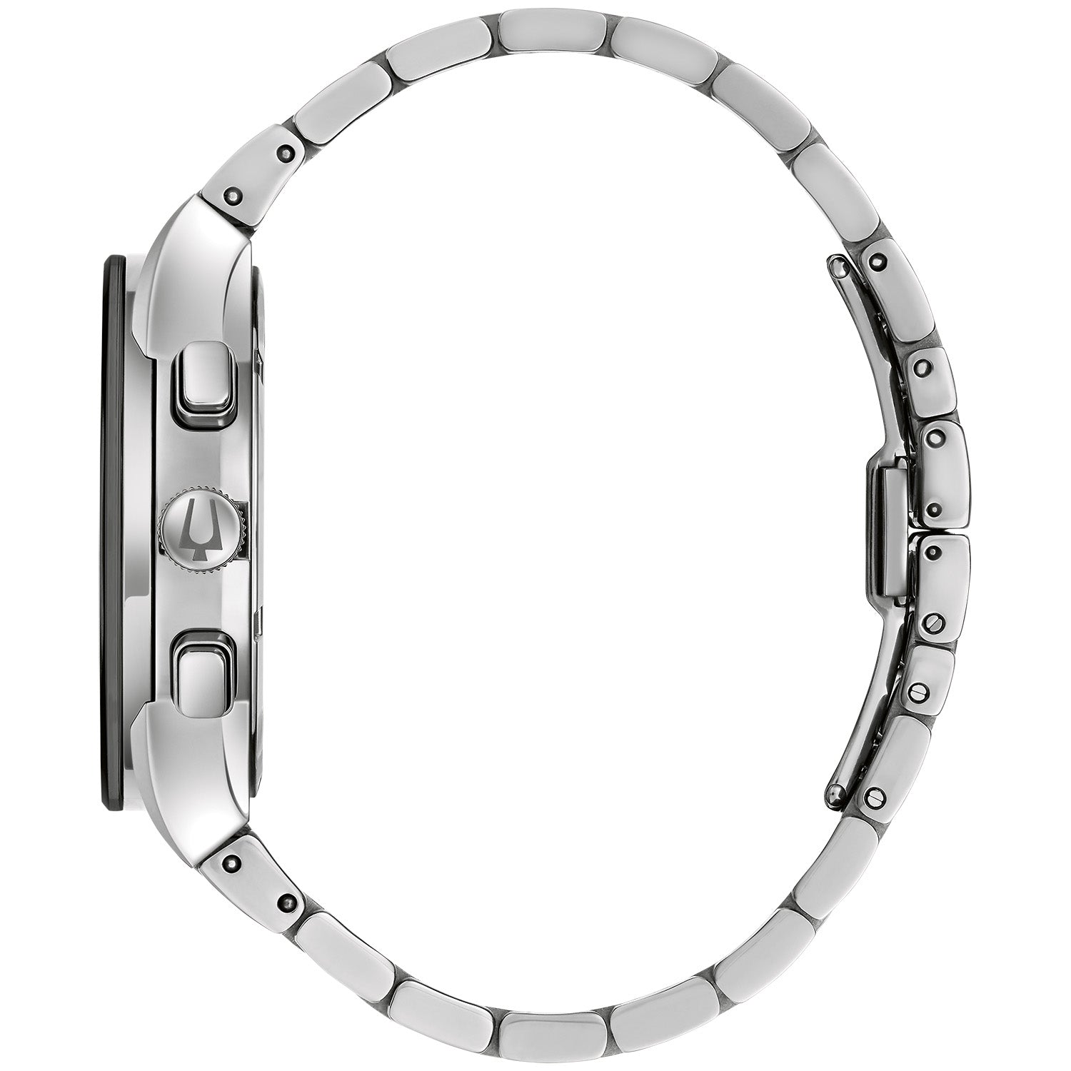 Profile view of the Bulova 96C149, highlighting its sleek stainless steel case and metalized edge-to-edge crystal.