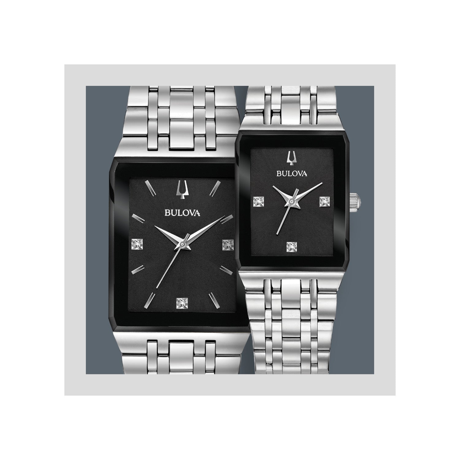 Bulova 96P202 Quadra watch featuring a rectangular silver-tone stainless steel case, black dial with three diamond hour markers, and stainless steel bracelet—front view.