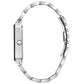 Side profile of the Bulova Quadra 96D145, highlighting its sleek stainless steel case and bracelet.