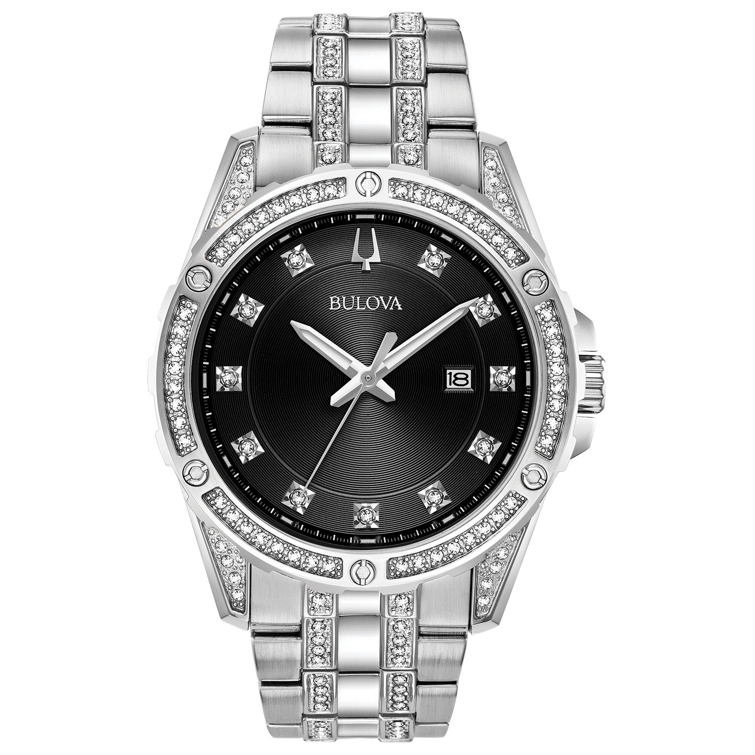 Bulova 96K105 men's watch featuring a black dial with crystal hour markers and a stainless steel bracelet.