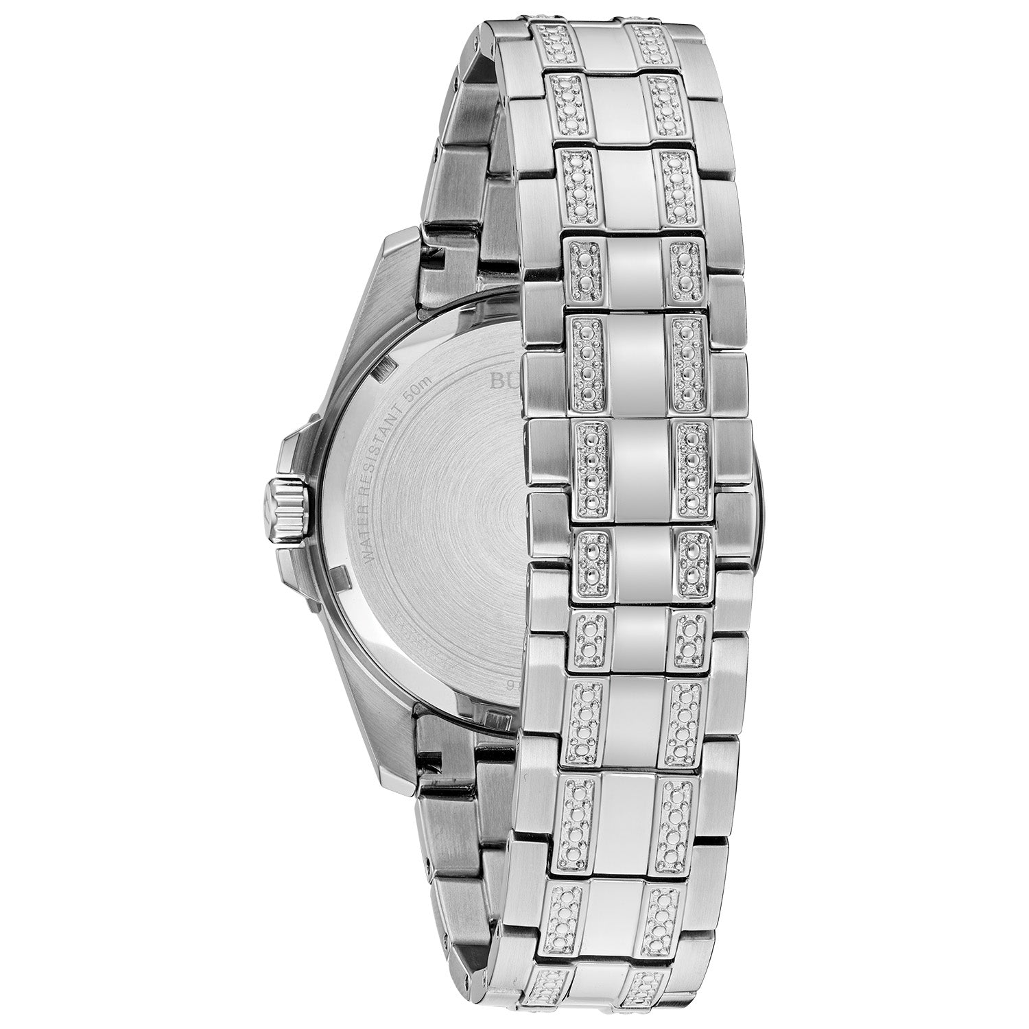Back view of Bulova 96K105 men's watch, showcasing the stainless steel case back and bracelet.