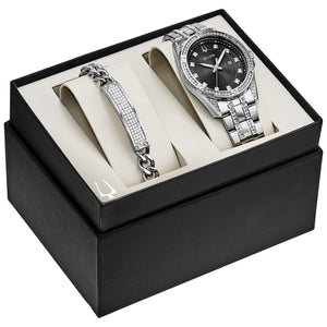 Bulova 96K105 gift set packaging displaying the watch and matching bracelet together in an elegant box.