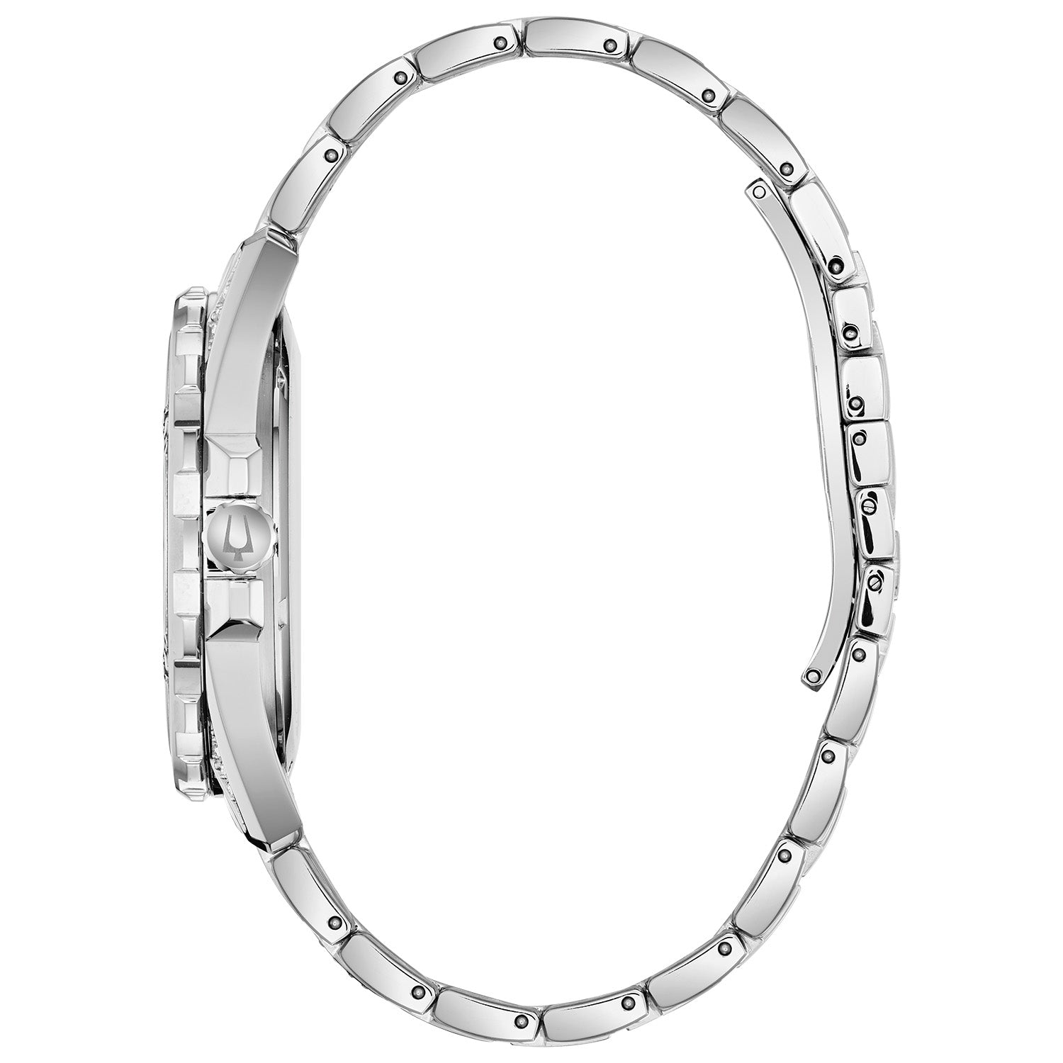 Side profile of Bulova 96K105 men's watch, highlighting the stainless steel case and crystal-encrusted bezel.