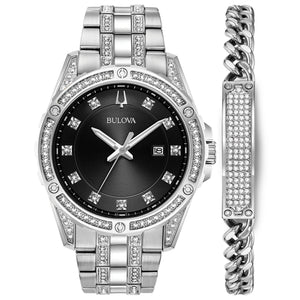 Front view of Bulova 96K105 men's watch with black dial and crystal accents, accompanied by a matching stainless steel bracelet.