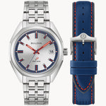 Bulova 96K112 Jet Star Limited Edition watch featuring a silver sunburst dial with blue and red luminous hour markers and a stainless steel case—front view.