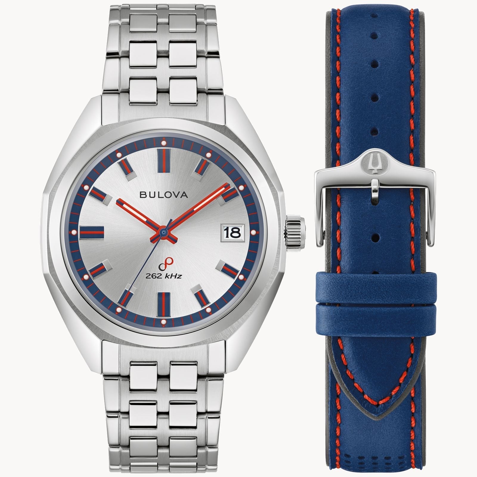 Bulova 96K112 Jet Star Limited Edition watch featuring a silver sunburst dial with blue and red luminous hour markers and a stainless steel case—front view.