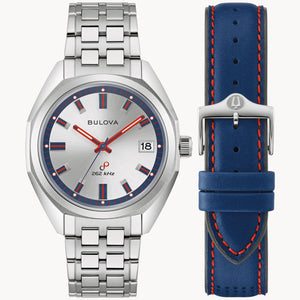 Bulova 96K112 Jet Star Limited Edition watch featuring a silver sunburst dial with blue and red luminous hour markers and a stainless steel case—front view.