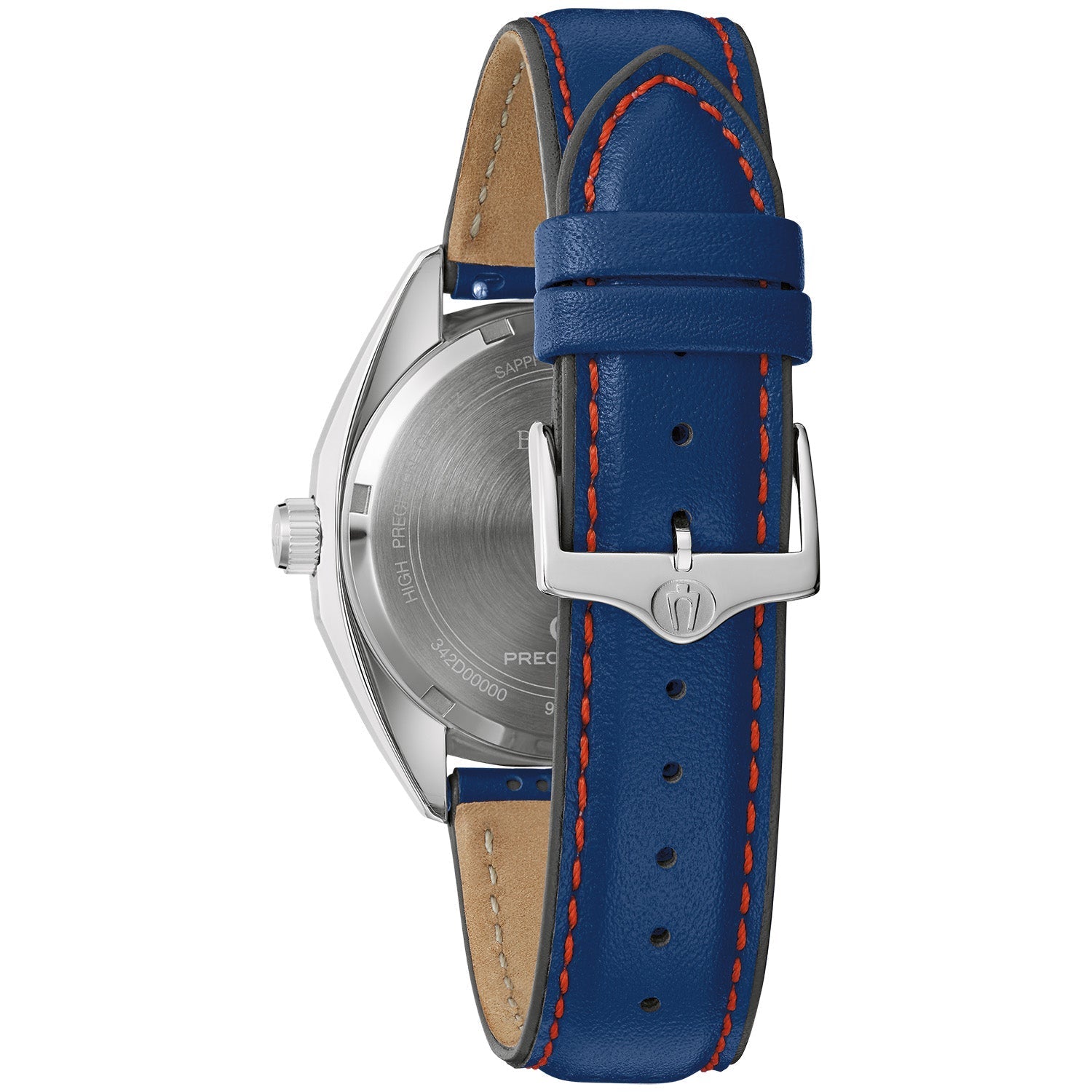 Back view of Bulova 96K112 highlighting the solid case back and stainless steel bracelet with butterfly clasp.