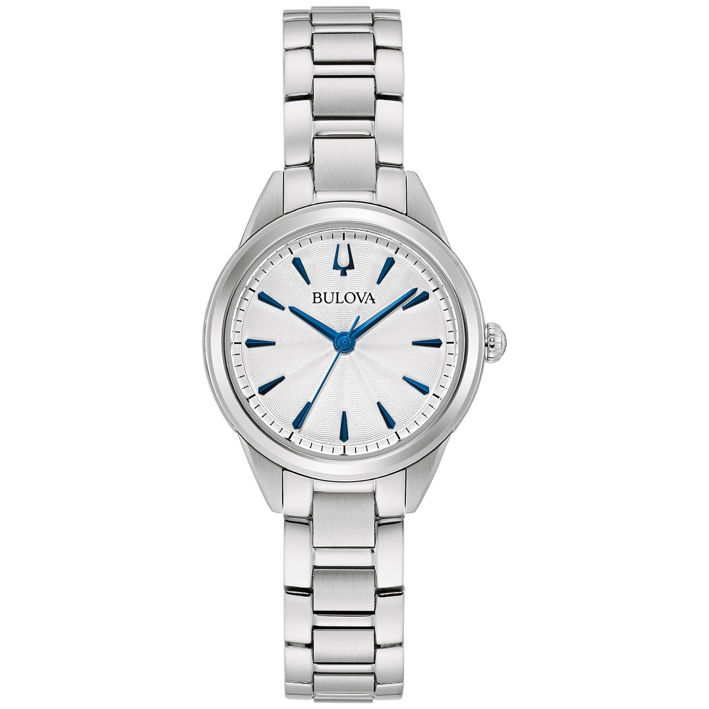 Bulova 96L285 women's watch featuring a 28mm stainless steel case, silver-white dial with blue hands and markers, and a stainless steel bracelet—front view.