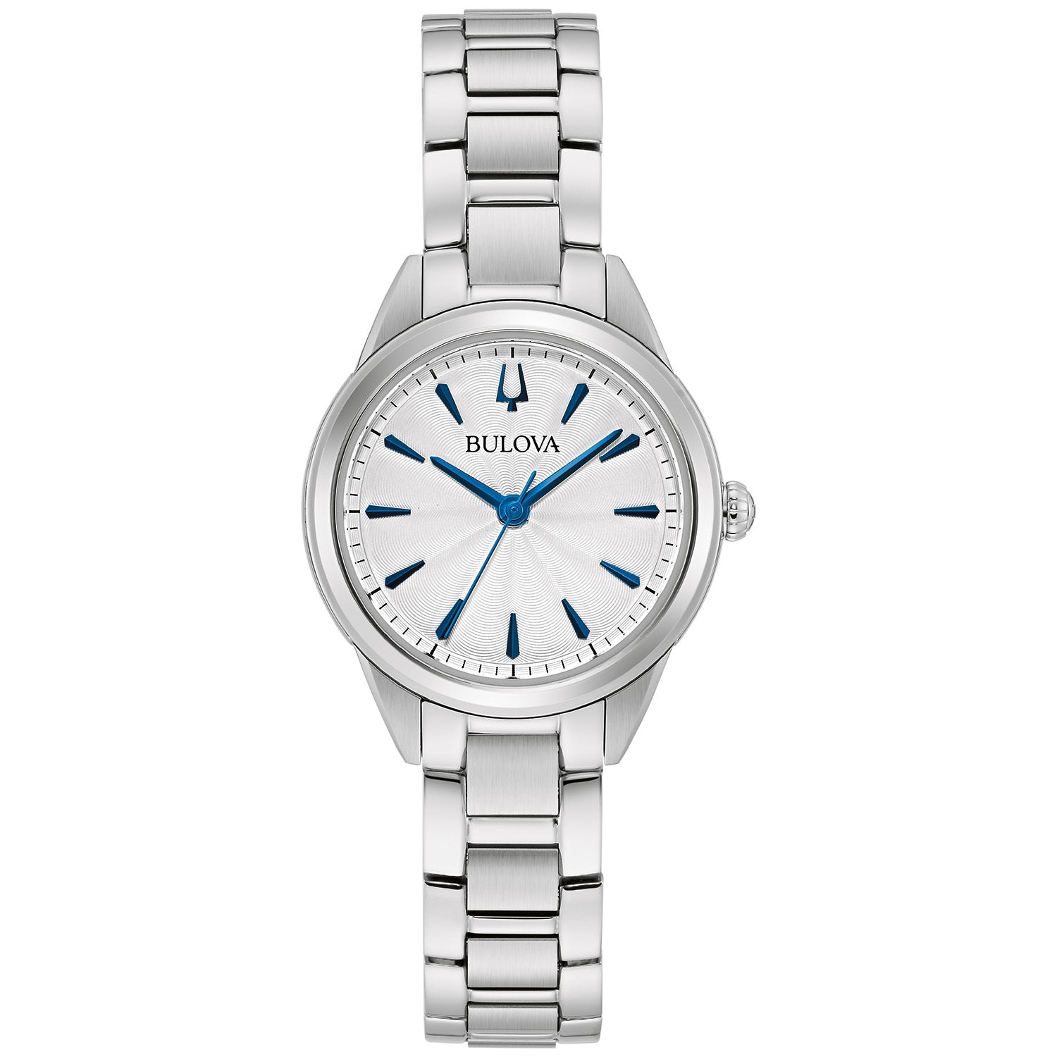 Bulova 96L285 women's watch featuring a 28mm stainless steel case, silver-white dial with blue hands and markers, and a stainless steel bracelet—front view.