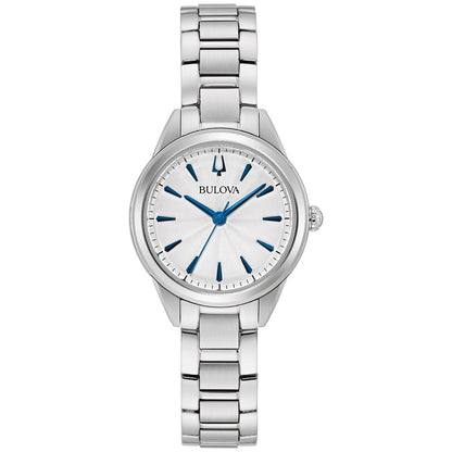 Bulova 96L285 women's watch featuring a 28mm stainless steel case, silver-white dial with blue hands and markers, and a stainless steel bracelet—front view.