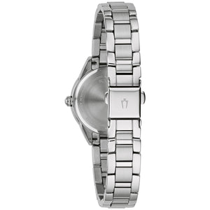 Profile view of the Bulova 96L285, highlighting its sleek stainless steel case and domed mineral crystal.