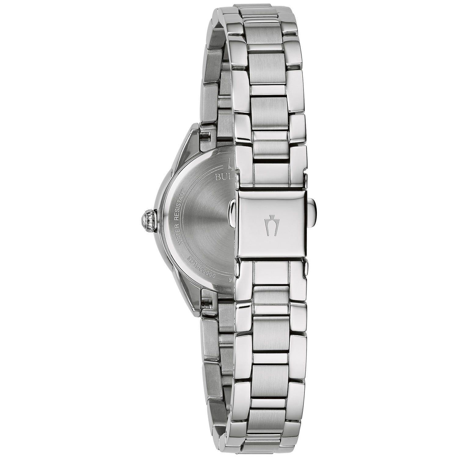 Profile view of the Bulova 96L285, highlighting its sleek stainless steel case and domed mineral crystal.