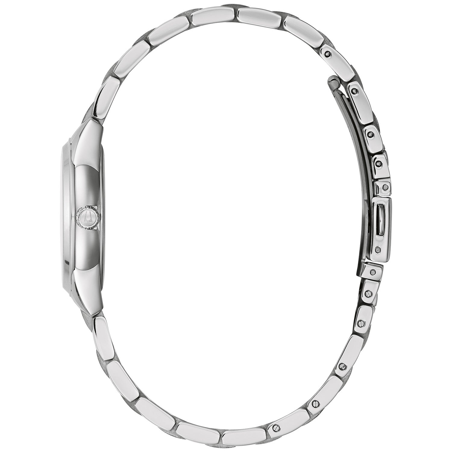 Rear view of the Bulova 96L285, showcasing the stainless steel case back and bracelet with a short fold-over clasp.