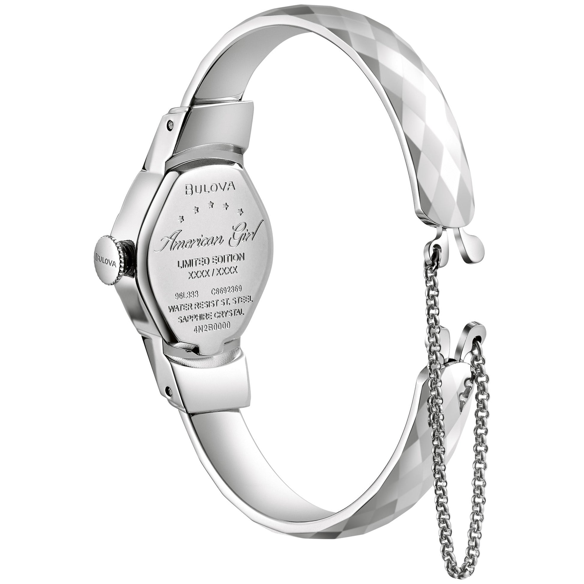 Close-up of the jewelry clasp with 65mm chain extender on the Bulova American Girl Limited Edition Women's Watch 96L333