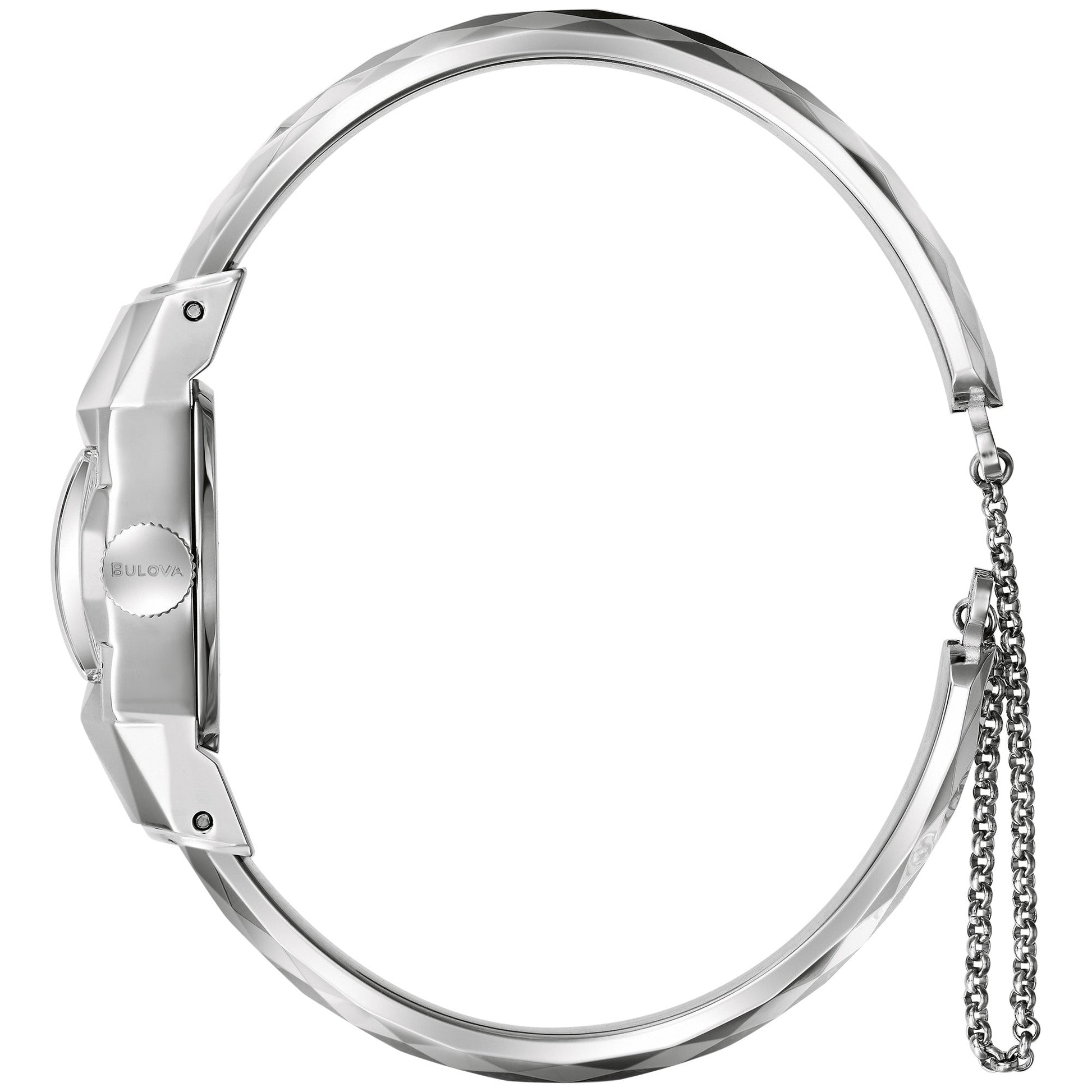 Side profile of the Bulova 96L333 showcasing the silver-tone stainless steel case and faceted bangle bracelet.