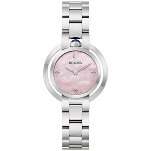 Bulova Rubaiyat 96L338 Women's Watch featuring a 30mm silver-tone stainless steel case with pink mother-of-pearl dial—front view.