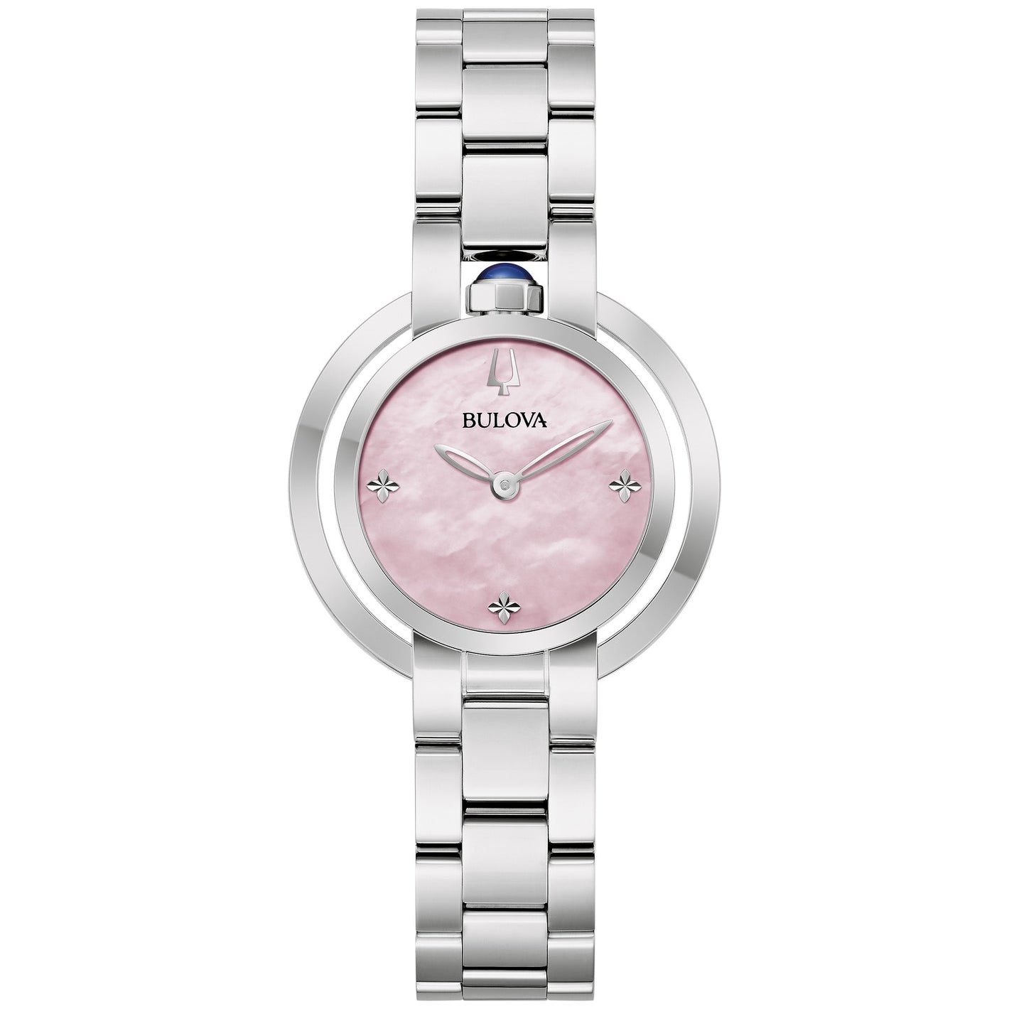 Bulova Rubaiyat 96L338 Women's Watch featuring a 30mm silver-tone stainless steel case with pink mother-of-pearl dial—front view.
