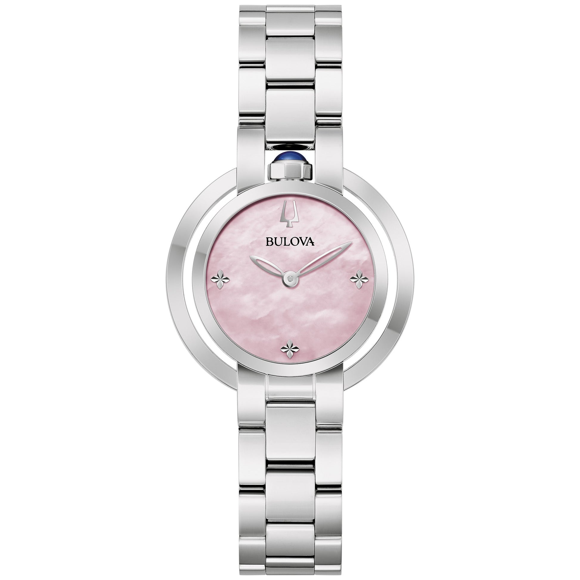Bulova Rubaiyat 96L338 Women's Watch featuring a 30mm silver-tone stainless steel case with pink mother-of-pearl dial—front view.