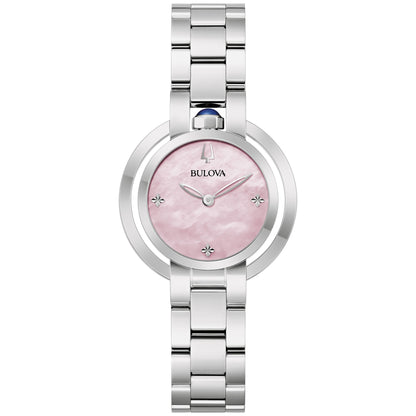 Bulova Rubaiyat 96L338 Women's Watch featuring a 30mm silver-tone stainless steel case with pink mother-of-pearl dial—front view.