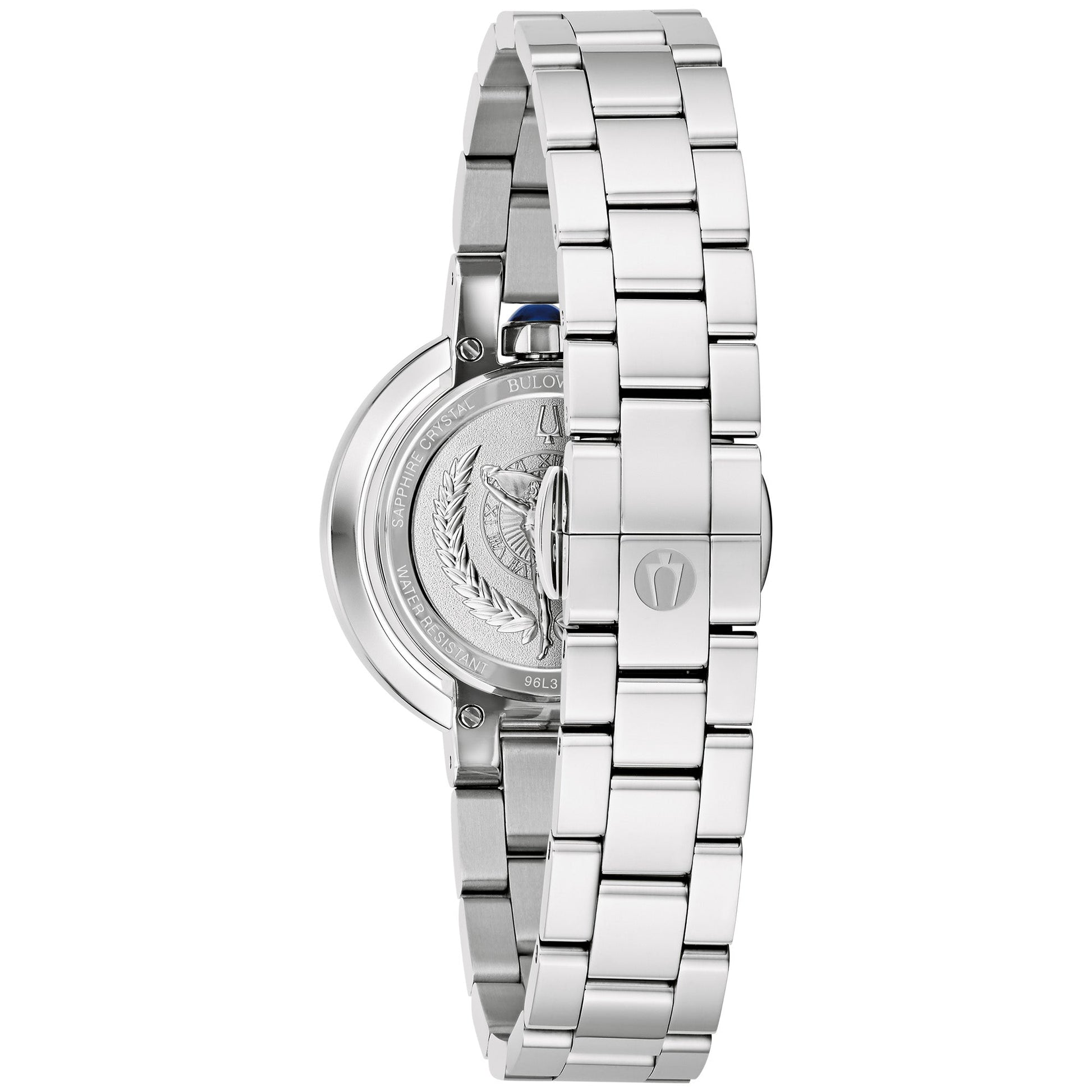 Close-up of the push-button deployant clasp on the Bulova Rubaiyat 96L338 Women's Watch.