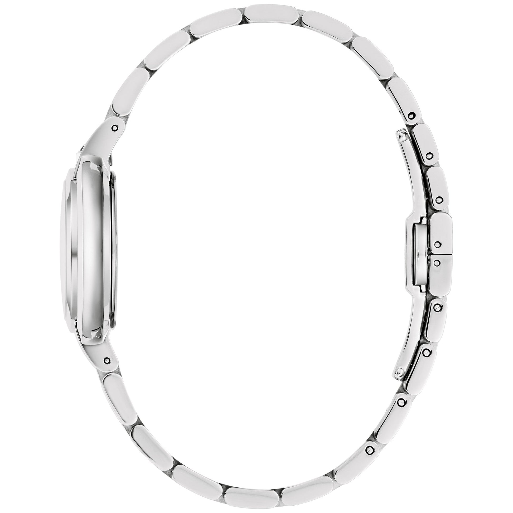 Side profile of the Bulova 96L338 showcasing the silver-tone stainless steel case and bracelet.
