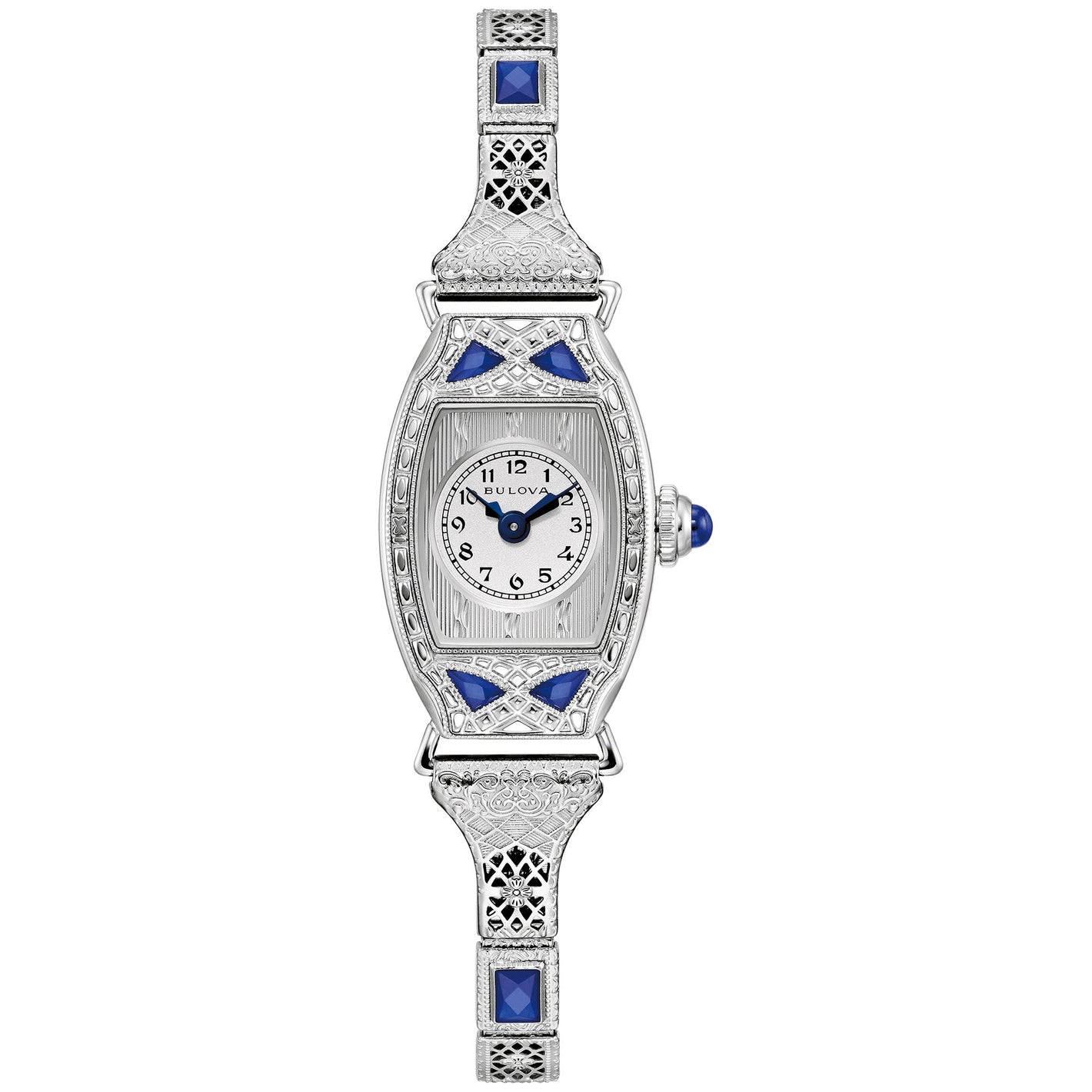 Bulova Miss America 96L340 women's watch with 18.3mm silver-tone stainless steel case, six blue synthetic sapphires, and silver-tone dial with blue hands—front view.