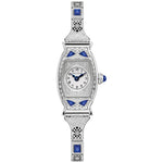 Bulova Miss America 96L340 women's watch with 18.3mm silver-tone stainless steel case, six blue synthetic sapphires, and silver-tone dial with blue hands—front view.