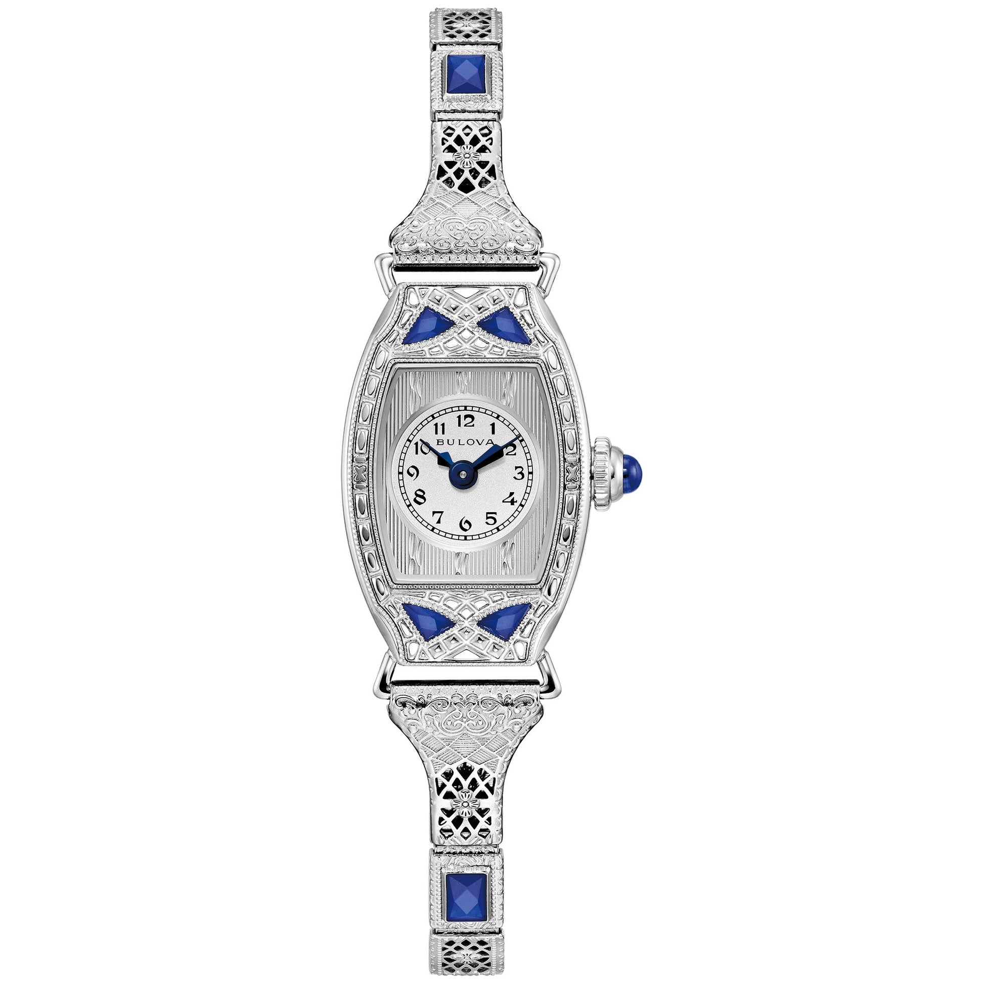 Bulova Miss America 96L340 women's watch with 18.3mm silver-tone stainless steel case, six blue synthetic sapphires, and silver-tone dial with blue hands—front view.
