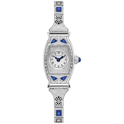 Bulova Miss America 96L340 women's watch with 18.3mm silver-tone stainless steel case, six blue synthetic sapphires, and silver-tone dial with blue hands—front view.
