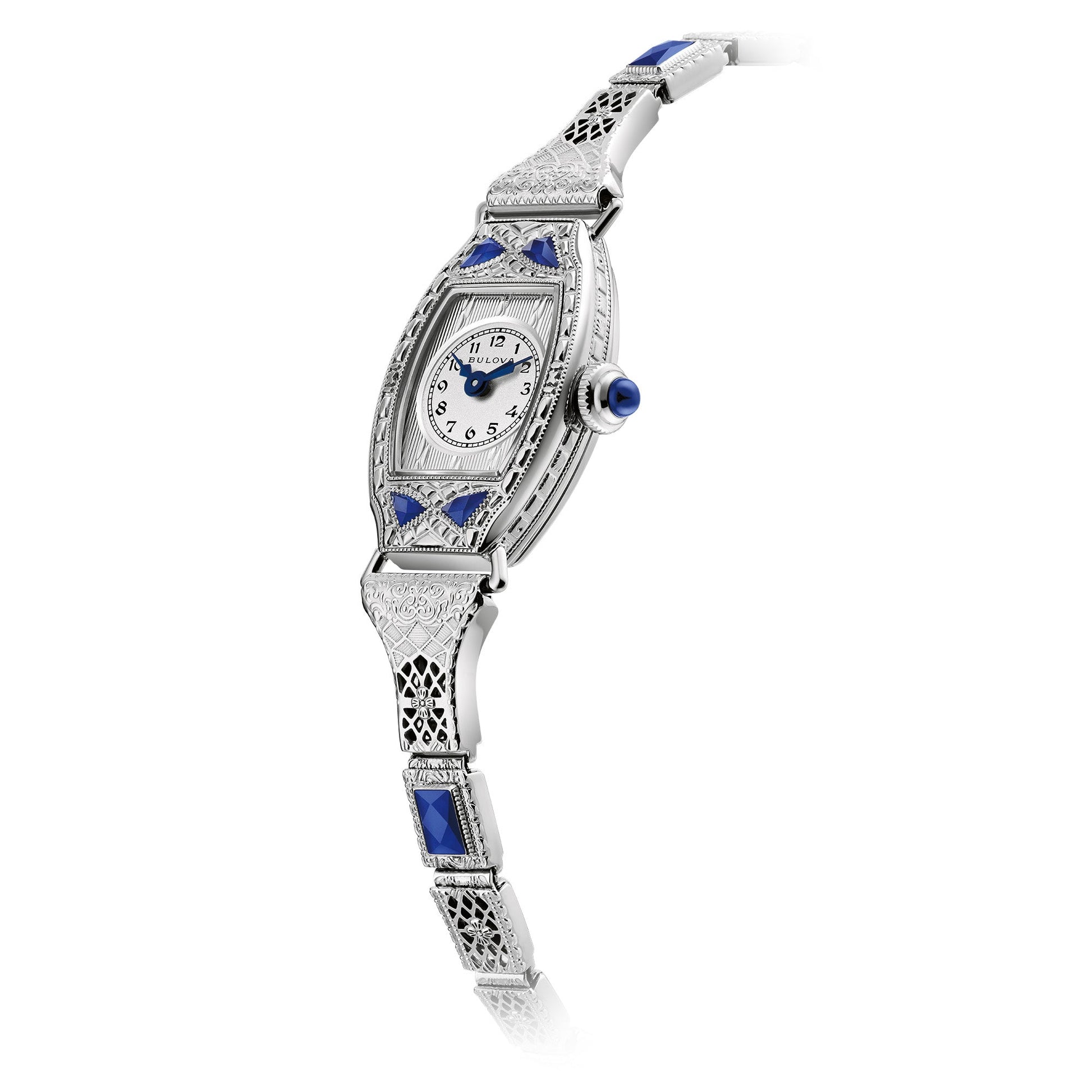 Side profile of the Bulova 96L340 showcasing the domed sapphire crystal and ornate filigreed expansion bracelet