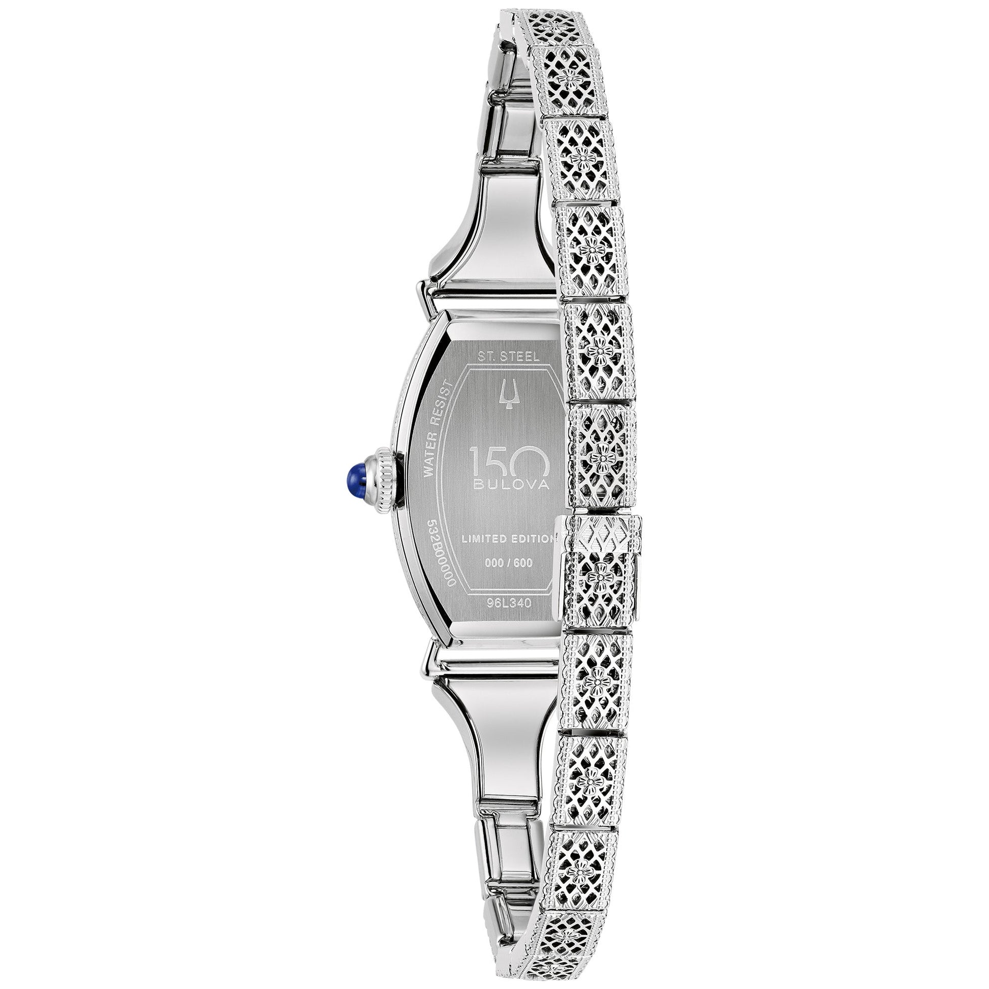 Rear view of the Bulova 96L340 highlighting the engraved 150th Anniversary logo and individual numbering on the case back.