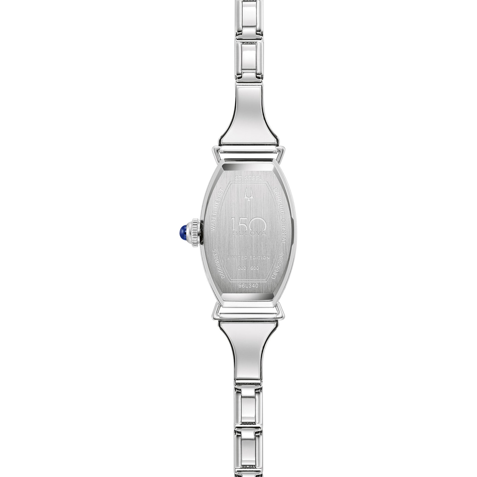 Rear view of the Bulova 96L340 highlighting the engraved 150th Anniversary logo and individual numbering on the case back.